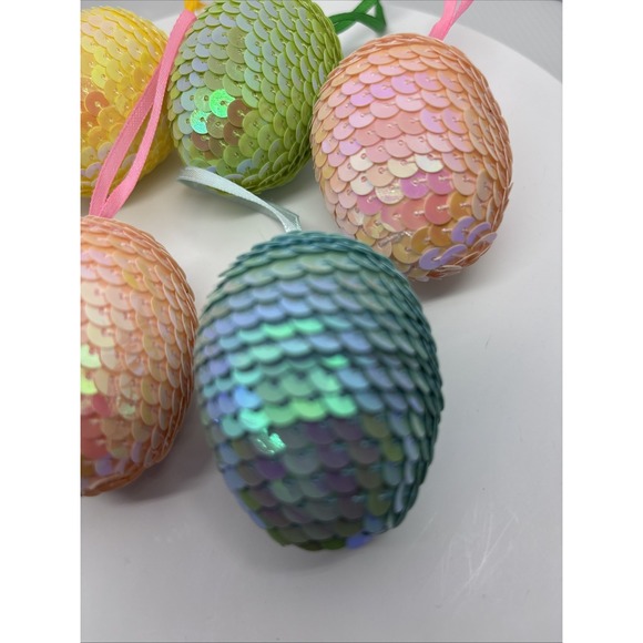 Lot 7 Sequin Easter Egg Ornaments Shiney Spring Decor Tree Ornaments Lightweight - Picture 4 of 10